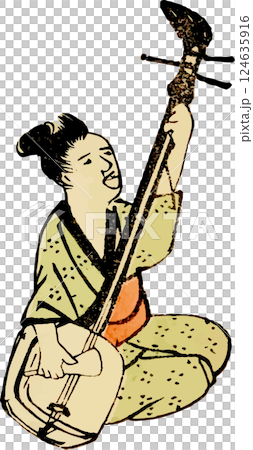 三味線を弾きながら歌う女性のゆる画素材 124635916
