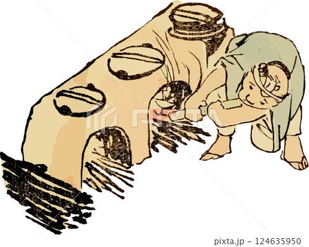 釜戸に火をおこす男性のゆる画素材 124635950