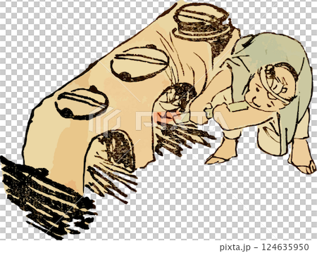 A loose drawing of a man lighting a fire in a stove 124635950