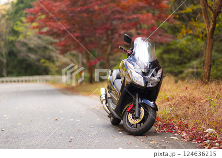 紅葉とバイクのある風景 124636215