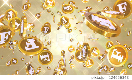 周囲に散らばるスイスフラン硬貨 - ゴールド背景 124636348