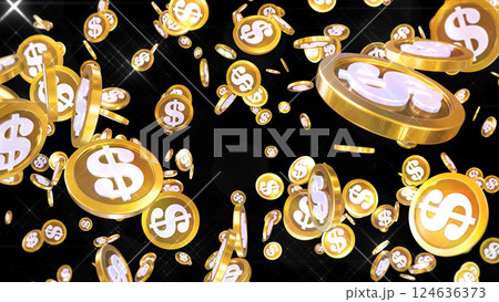 周囲に散らばる米ドル硬貨 - 黒背景 124636373