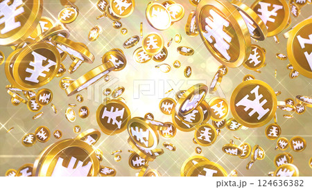 周囲に散らばる円硬貨 - ゴールド背景 周囲に散らばる円硬貨 - ゴールド背景 124636382