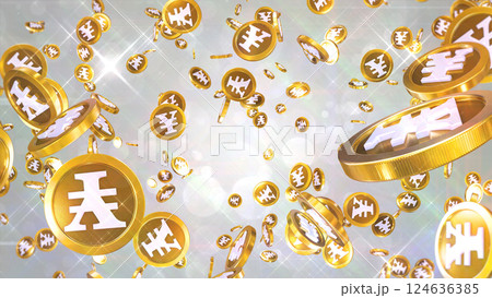 周囲に散らばる円硬貨 - シルバー背景 周囲に散らばる円硬貨 - シルバー背景 124636385