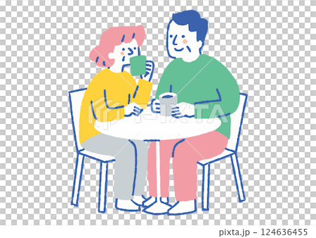 老年夫婦在咖啡館喝咖啡_顏色 124636455