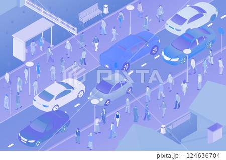 Street with cars and people walking in flat style. Isometric view. 3D. Vector illustration. 124636704