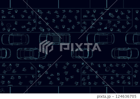 The contour of the street with cars and people walking from blue lines isolated on a dark background. View from above. Vector illustration. 124636705
