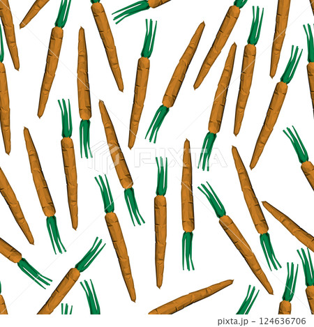Seamless texture with carrots isolated on a white background. Low poly carrot. 3D. Vector illustration. 124636706