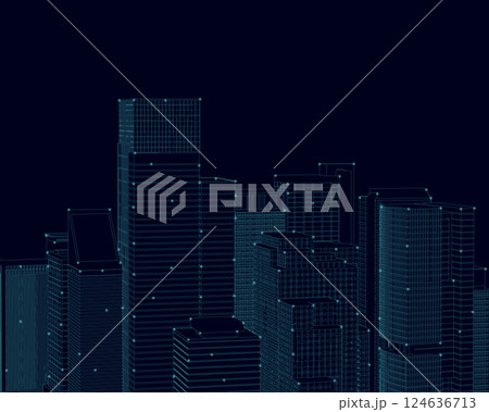 Outline of many skyscrapers made of blue lines with glowing lights isolated on a dark background. Front view. 3D. Vector illustration. 124636713