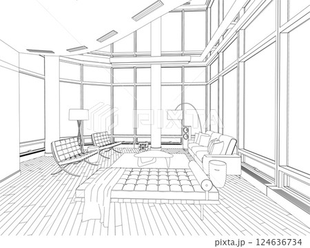 Outline of the interior with large windows with a sofa, armchairs, a table and other black lines isolated on a white background. Vector illustration. Outline of the interior with large windows with a sofa, armchairs, a table and other black lines isolated on a white background. Vector illustration. 124636734