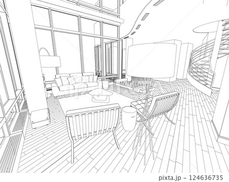 Outline of the interior with large windows with a sofa, armchairs, a table and other black lines isolated on a white background. Vector illustration. 124636735