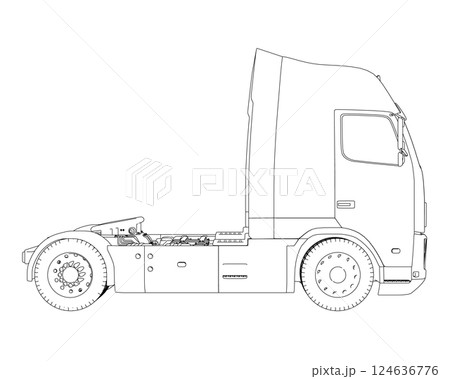 Outline of a truck without a trailer from black lines isolated on a white background. Side view. Vector illustration. 124636776
