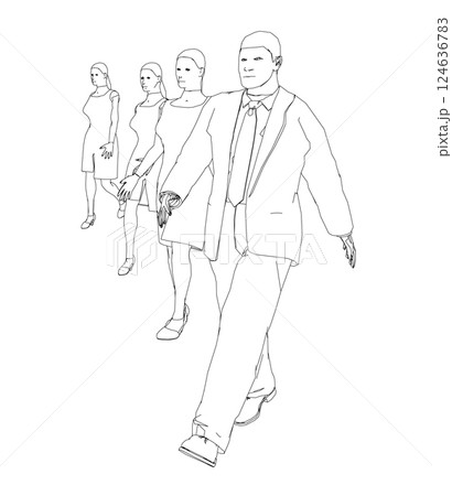 Outline of walking people in a row of black lines isolated on a white background. A man and three women. Vector illustration. Outline of walking people in a row of black lines isolated on a white background. A man and three women. Vector illustration. 124636783
