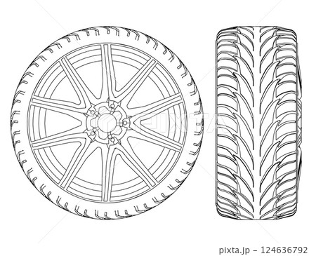 Outline of an automobile wheel from black lines isolated on a white background. Side view, front. Vector illustration. 124636792