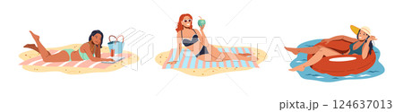 Women Relaxing on Beach and Floating in Water Women Relaxing on Beach and Floating in Water 124637013