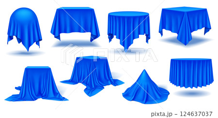 Luxurious blue silk draping over geometric shapes icons set 124637037