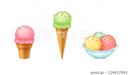 Colorful Ice Cream Cones and Bowls with Sprinkles 124637041