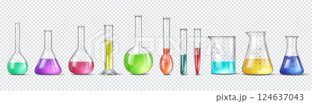 Colorful Laboratory Glassware on Transparent Background 124637043