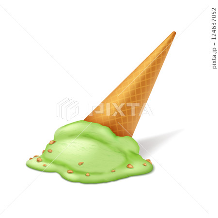 Melted green ice cream cone on white background Melted green ice cream cone on white background 124637052