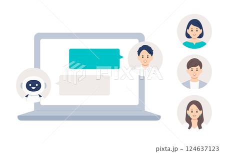 パソコンでAIとチャットする若い男性（差し替え用のアイコンセット）【人物ベクターイラスト素材】 124637123
