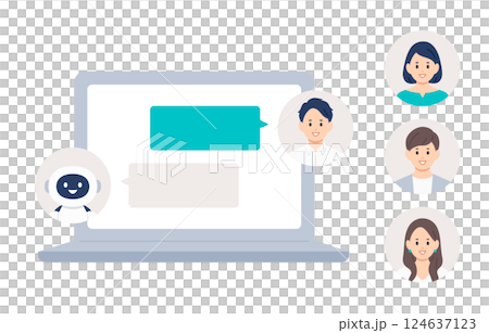 パソコンでAIとチャットする若い男性（差し替え用のアイコンセット）【人物ベクターイラスト素材】 124637123