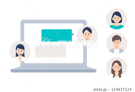 パソコンでオペレーターとチャットする若い男性（差し替え用のアイコンセット）【人物ベクターイラスト】 124637124