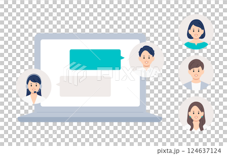 A young man chatting with an operator on a computer (replacement icon set) [People vector illustration] 124637124