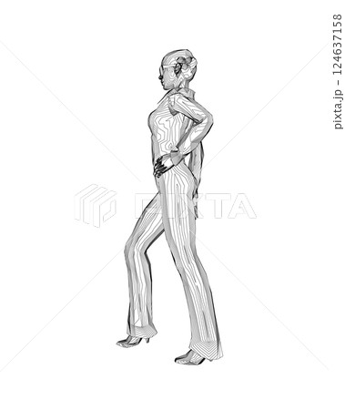 Portrait of woman in sunglasses. Vector minimalistic illustration for social media stories, logo, poster, print, cover, postcard, banner. Female figure outline. Contour of a girl in a business suit. 124637158