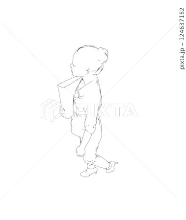 Drawing of fashionable young woman walking with folder with documents in hand. Vector of girl walk. Drawing Illustration of Young Woman. isolated, sketch, contour girl, woman walking 124637182