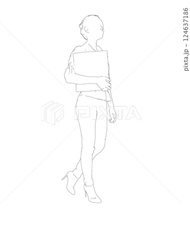 Drawing of fashionable young woman walking with folder with documents in hand. Vector of girl walk. Drawing Illustration of Young Woman. isolated, sketch, contour girl, woman walking 124637186