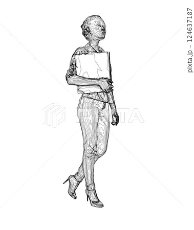 Drawing of fashionable young woman walking with folder with documents in hand. Vector of girl walk. Drawing Illustration of Young Woman. isolated, sketch, contour girl, woman walking 124637187