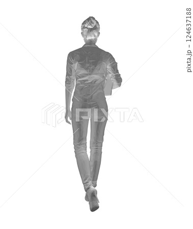 Polygonal drawing of fashionable young woman walking with folder with documents in hand. Vector of girl walk. Drawing Illustration of Young Woman. isolated, sketch, contour girl, woman walking. 3D. 124637188