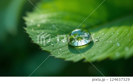 A water droplet on a green leaf, perfect for nature, environment, or freshness themes. A water droplet on a green leaf, perfect for nature, environment, or freshness themes. 124637329