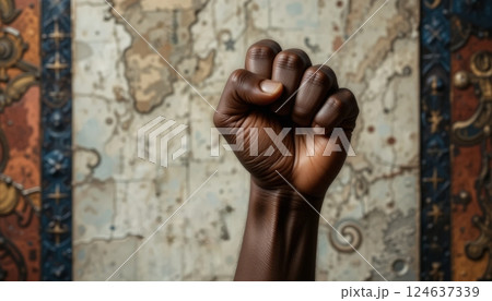 A raised fist seen against a vintage-style map as the backdrop, symbolizing strength and empowerment, suitable for social justice campaigns or motivational content. 124637339