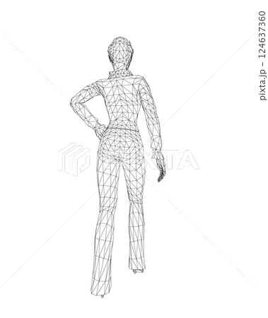 Businesswoman character wireframe. Attractive girl wearing formal suit standing. Vector illustration isolated on white background. 3D. Vector business woman black silhouette walk step forward. 124637360