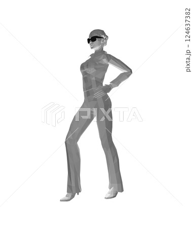 Stylish young women dressed in trendy clothes. Fashionable casual and formal outfits. 3D polygonal vector illustration. Girl boss. Fashion girl in sunglasses girl boss. woman face vector illustration. 124637382