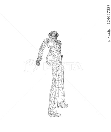 Businesswoman character wireframe. Attractive girl wearing formal suit standing. Vector illustration isolated on white background. 3D. Vector business woman black silhouette walk step forward. 124637387