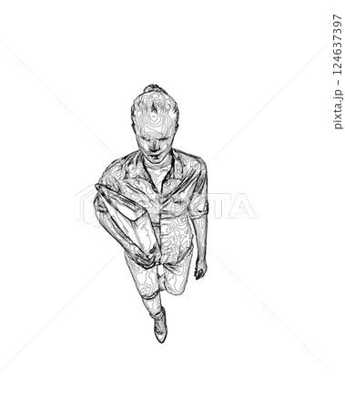 Drawing of fashionable young woman walking with folder with documents in hand. Vector of girl walk. Drawing Illustration of Young Woman. isolated, sketch, contour girl, woman walking 124637397