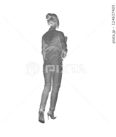 Polygonal drawing of fashionable young woman walking with folder with documents in hand. Vector of girl walk. Drawing Illustration of Young Woman. isolated, sketch, contour girl, woman walking. 3D. 124637405