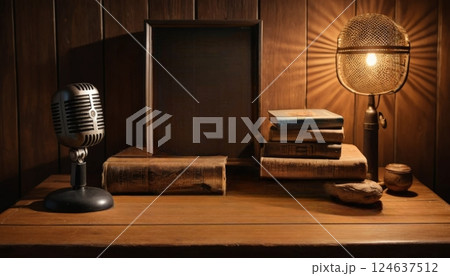 A vintage microphone stands next to aged books illuminated by a warm light, creating a cozy, nostalgic atmosphere suitable for a storytelling scene. 124637512