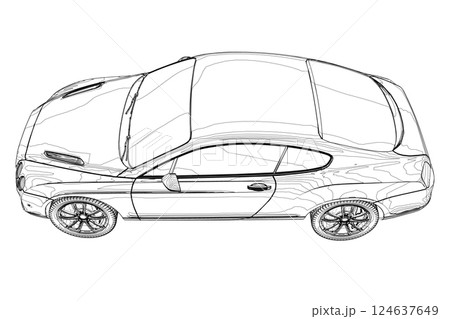 Sedan car in outline. Business sedan vehicle template vector isolated on white. Sport car outlined sketch, stylized vector symbol. High-end car. Vector draw with black lines. Technical drawing Sedan car in outline. Business sedan vehicle template vector isolated on white. Sport car outlined sketch, stylized vector symbol. High-end car. Vector draw with black lines. Technical drawing 124637649