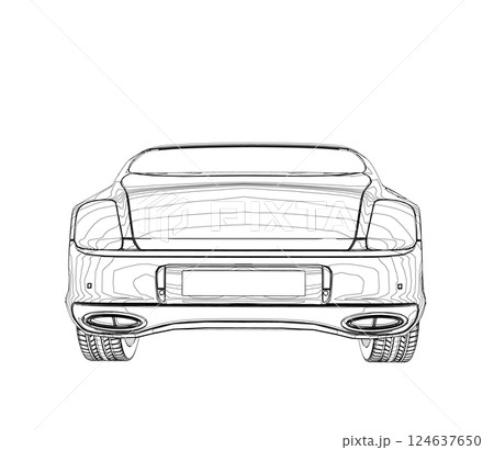 Sedan car in outline. Business sedan vehicle template vector isolated on white. Sport car outlined sketch, stylized vector symbol. High-end car. Vector draw with black lines. Technical drawing 124637650