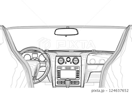 Luxurious beige contour car interior vector illustration. Car outline interior. View from drivers seat. 124637652
