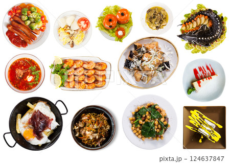 View of many plates with tasty food over white background 124637847