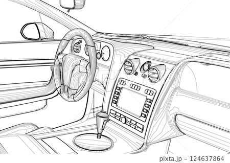 Luxurious beige contour car interior vector illustration. Car outline interior. View from drivers seat. Luxurious beige contour car interior vector illustration. Car outline interior. View from drivers seat. 124637864