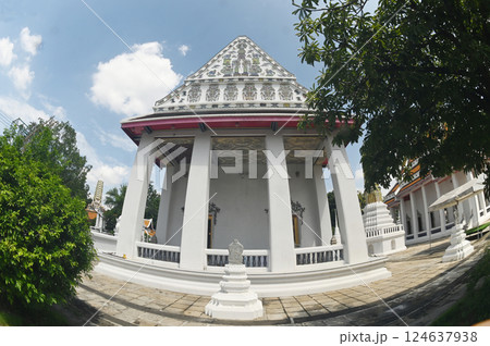 White Buddhism Church at Wat Nang Chee Chotikaram has an ordination hall without the raka's leaf chorfa and swan's tail, which are royal art styles popular in the reign of King Rama III. At Bangkok. 124637938