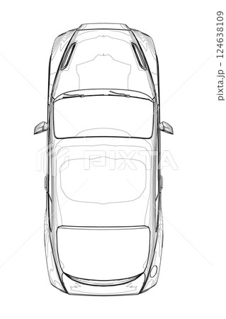 Sedan car in outline. Business sedan vehicle template vector isolated on white. Sport car outlined sketch, stylized vector symbol. High-end car. Vector draw with black lines. Technical drawing 124638109