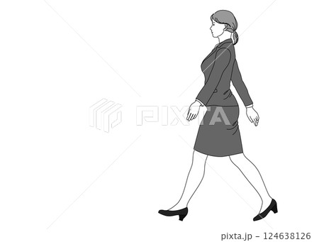 手を振って歩くビジネスウーマン女性のイラスト 全身横向き 横顔 モノクロ 124638126