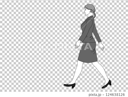 手を振って歩くビジネスウーマン女性のイラスト 全身横向き 横顔 モノクロ 124638126