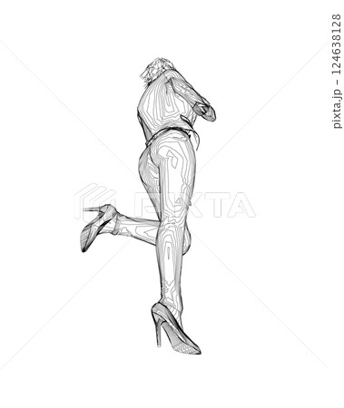 Contour of a girl standing on one leg, elegantly lifting her leg and raising her hand to her face. Curly hair. Vector illustration. Slim body, high heels, short hair, long legs. Young adult lady Contour of a girl standing on one leg, elegantly lifting her leg and raising her hand to her face. Curly hair. Vector illustration. Slim body, high heels, short hair, long legs. Young adult lady 124638128